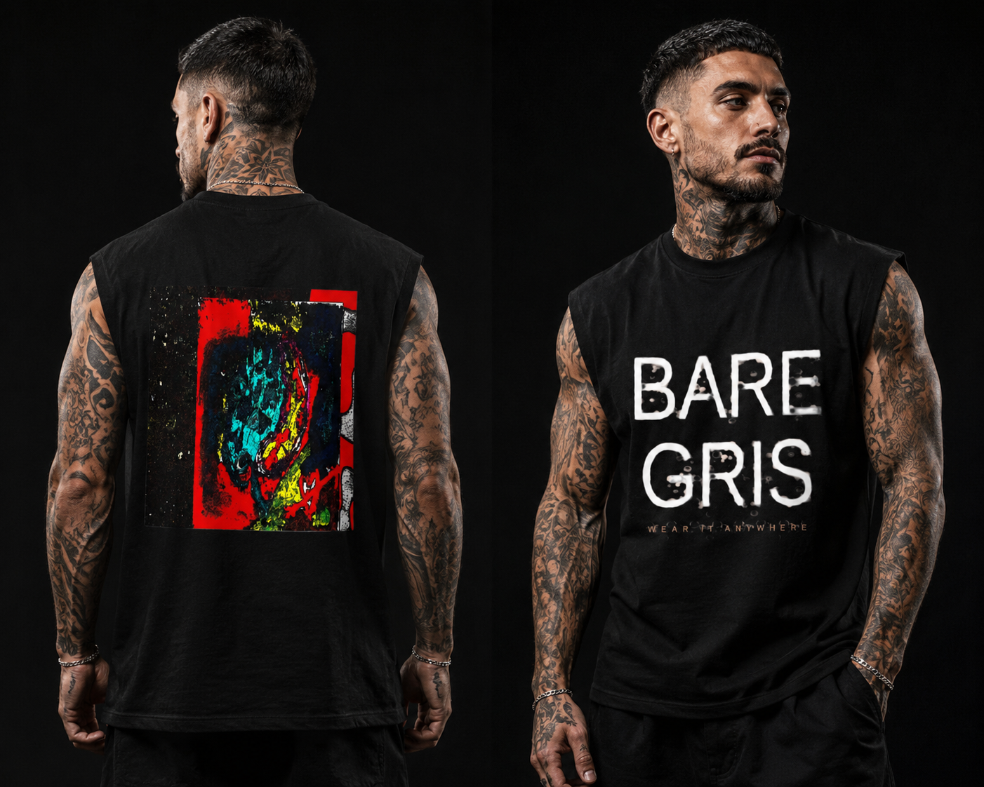 Bare Gris printed vest studio shot, back graphic and front wordmark