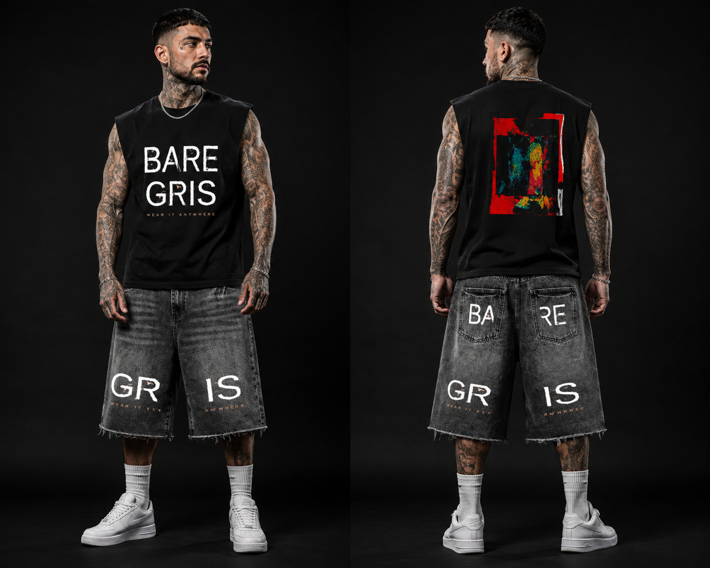 Bare Gris model wearing the printed vest and washed denim shorts, front and back