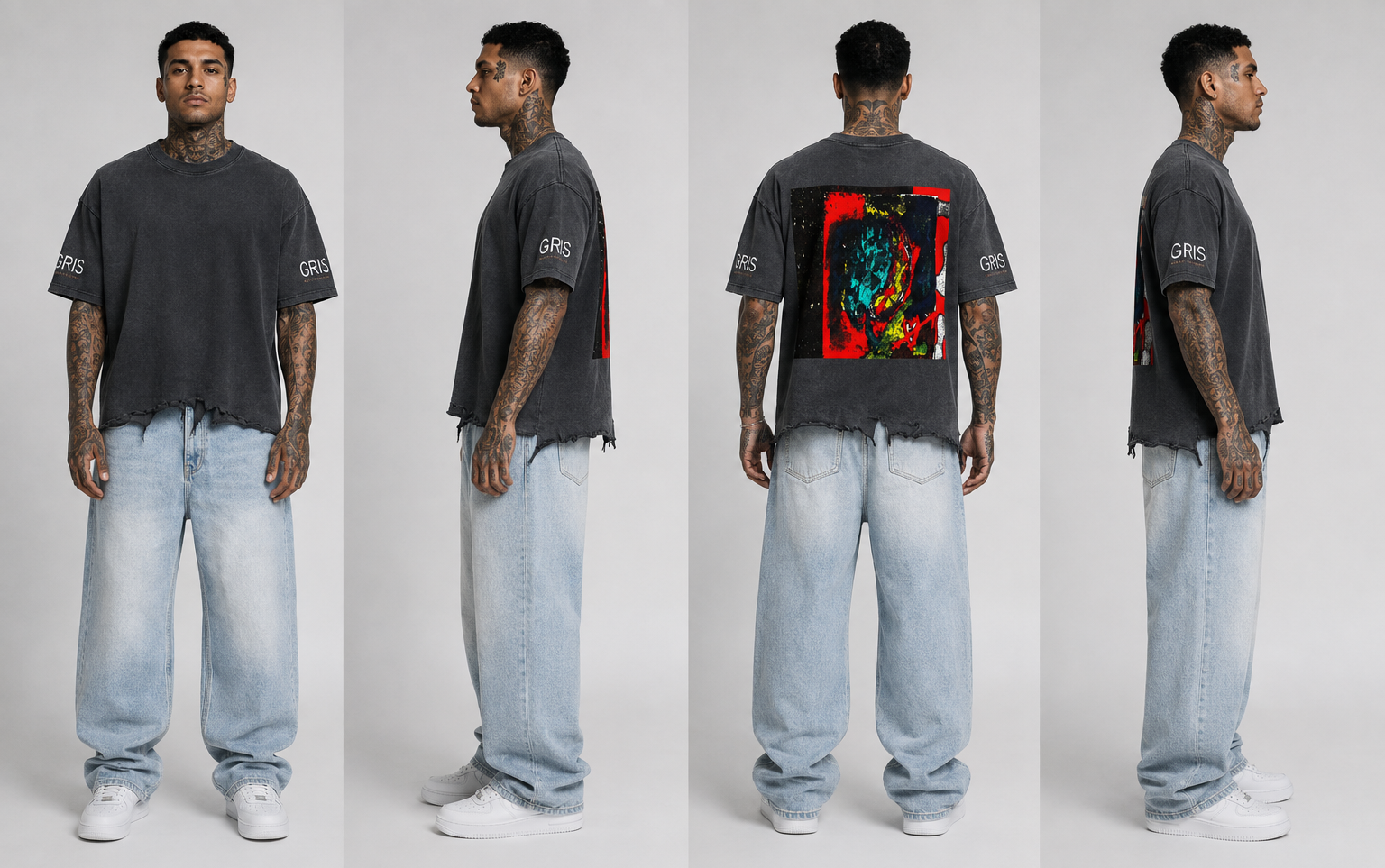 Bare Gris washed tee and baggy denim shown from four angles