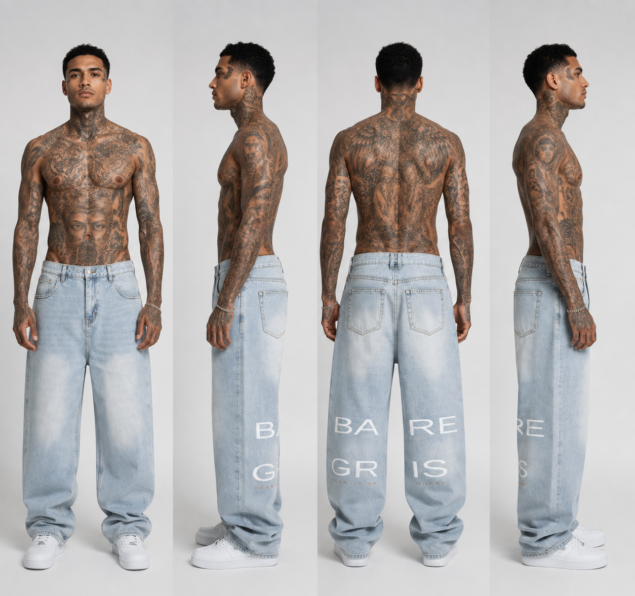 Bare Gris baggy jeans shown from four angles with back leg print